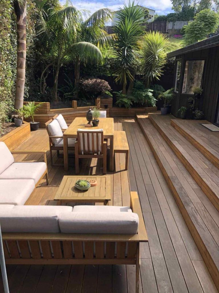 Lovely new outdoor deck with table, chairs and lounger